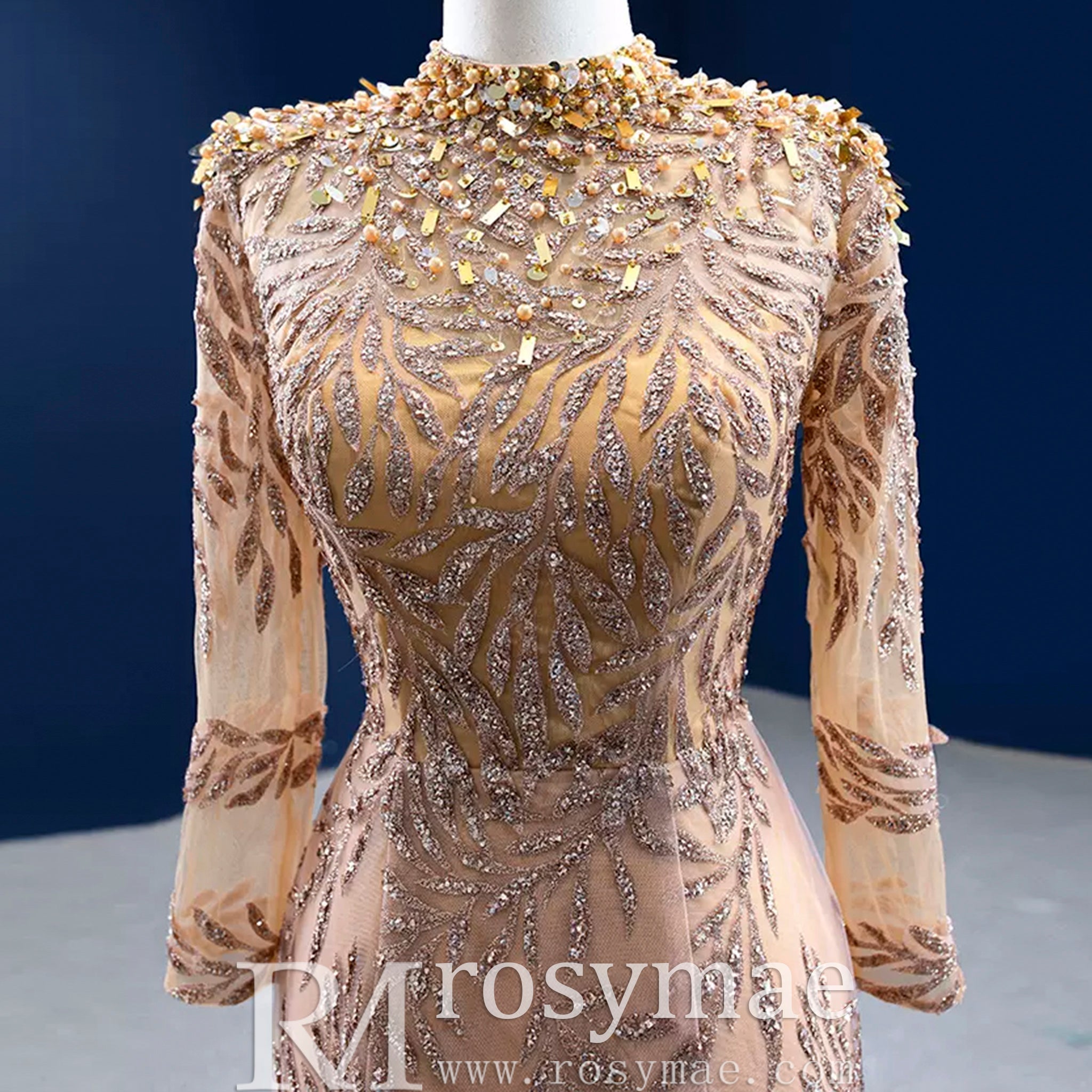 High Neck Three Quarter Sleeve Champagne Gold Prom Dress Evening Gown Champagne Gold / 4 High Neck Three Quarter Sleeve Champagne Gold Prom Dress Evening Gown Champagne Gold / 4