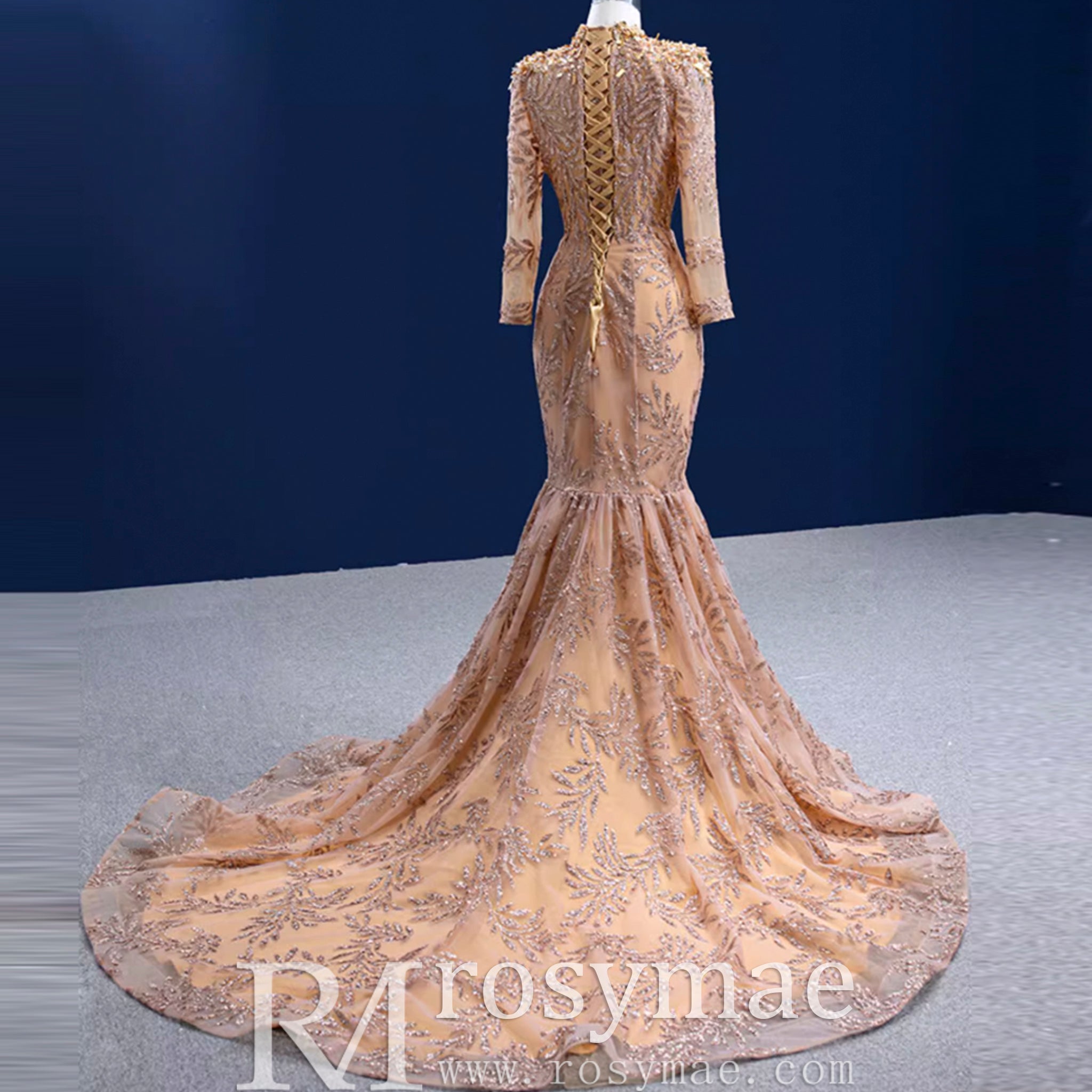 High Neck Three Quarter Sleeve Champagne Gold Prom Dress Evening Gown Champagne Gold / 4 High Neck Three Quarter Sleeve Champagne Gold Prom Dress Evening Gown Champagne Gold / 4