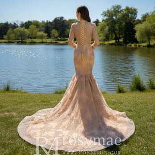 High Neck Three Quarter Sleeve Champagne Gold Prom Dress Evening Gown