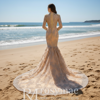 High Neck Three Quarter Sleeve Champagne Gold Prom Dress Evening Gown