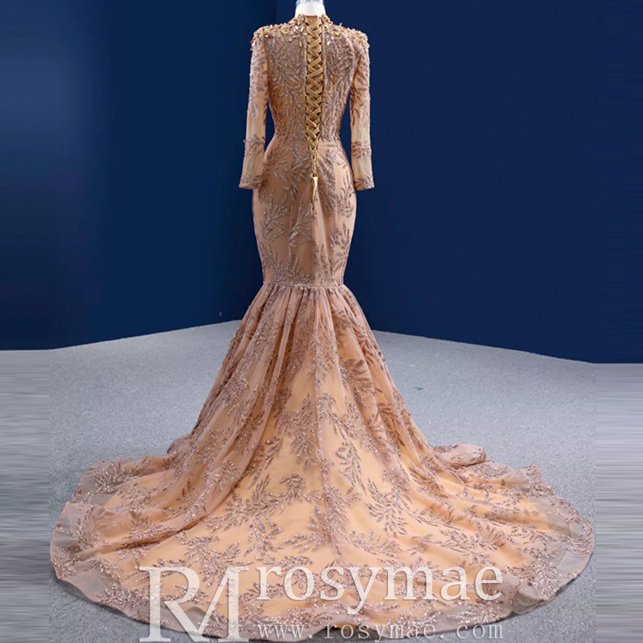 High Neck Three Quarter Sleeve Champagne Gold Prom Dress Evening Gown Champagne Gold / 4 High Neck Three Quarter Sleeve Champagne Gold Prom Dress Evening Gown Champagne Gold / 4