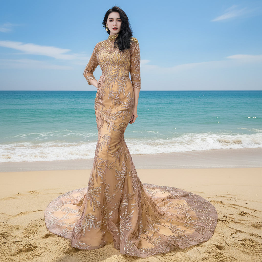 High Neck Three Quarter Sleeve Champagne Gold Prom Dress Evening Gown Champagne Gold / 4 High Neck Three Quarter Sleeve Champagne Gold Prom Dress Evening Gown Champagne Gold / 4