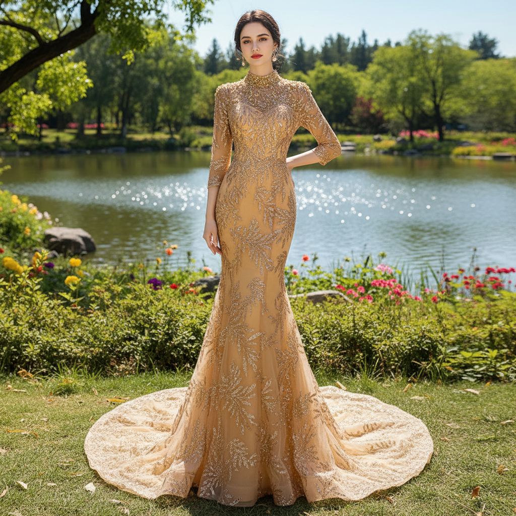 High Neck Three Quarter Sleeve Champagne Gold Prom Dress Evening Gown Champagne Gold / 4 High Neck Three Quarter Sleeve Champagne Gold Prom Dress Evening Gown Champagne Gold / 4