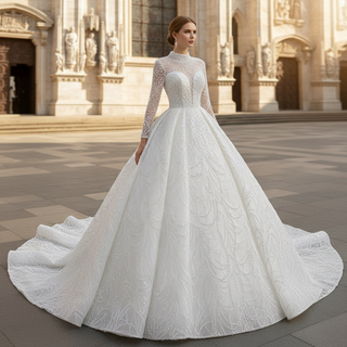 Arab Long Sleeve High Neck Ball Gown Wedding Dress with Keyhole