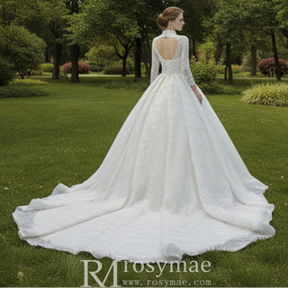 Arab Long Sleeve High Neck Ball Gown Wedding Dress with Keyhole