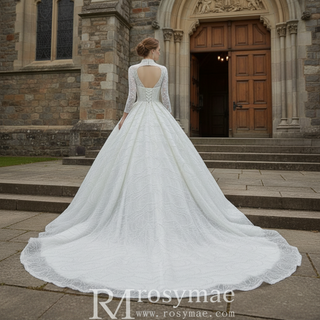 Arab Long Sleeve High Neck Ball Gown Wedding Dress with Keyhole