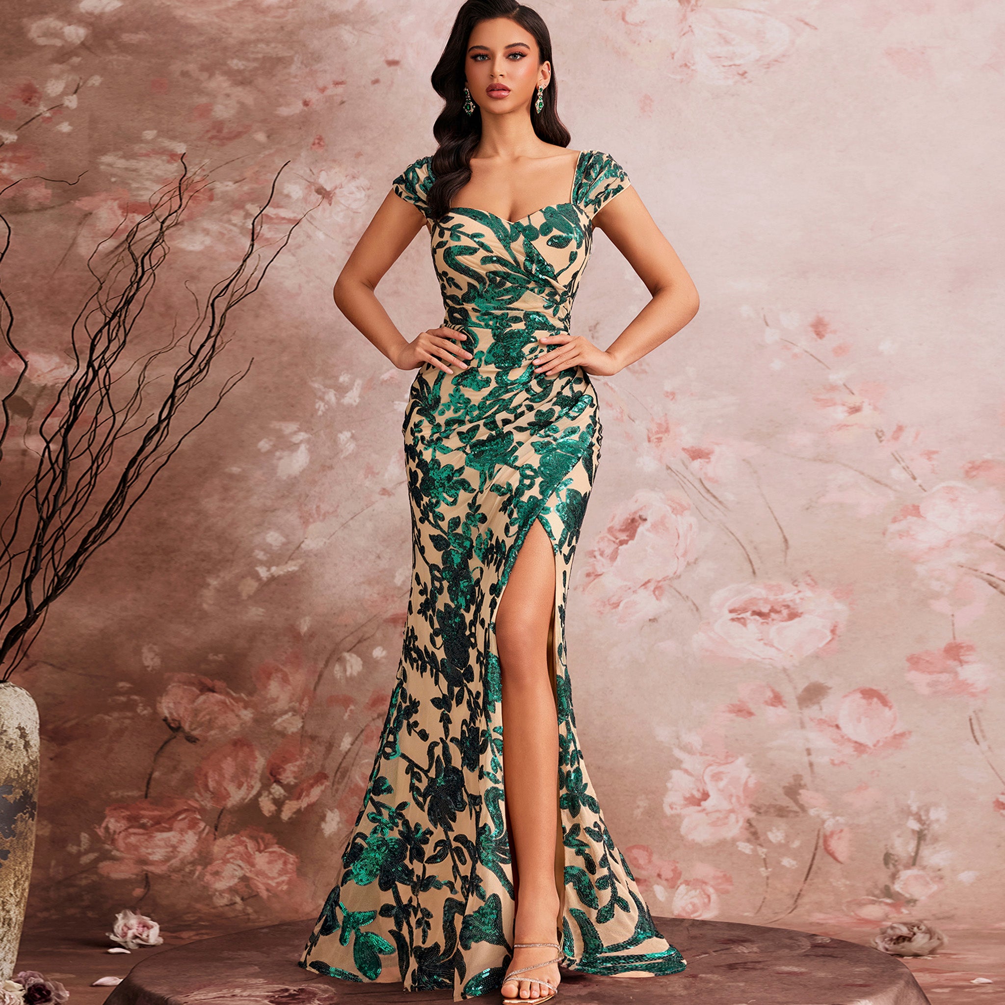 Modest Mermaid-Style Party Dress with Sweetheart Neckline & High Thigh-slit Spring Green / 1XL Modest Mermaid-Style Party Dress with Sweetheart Neckline & High Thigh-slit Spring Green / 1XL