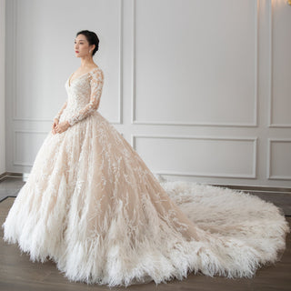 Fabulous Luxury Feathered Wedding Dresses with Long Sleeve