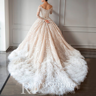 Fabulosos vestidos de novia de lujo con plumas y manga larga