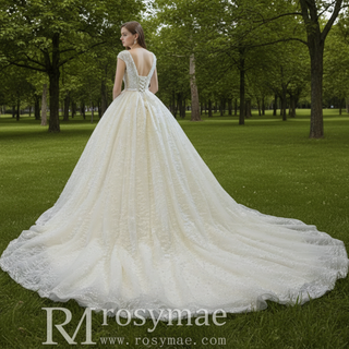 Capped Sleeve Puffy Ball Gown Wedding Dress with Low Back