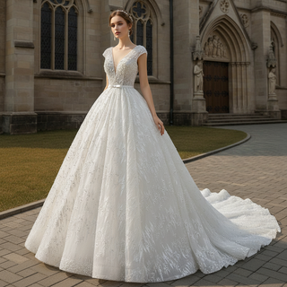Capped Sleeve Puffy Ball Gown Wedding Dress with Low Back