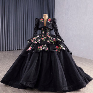 Modular Black Quinceañera Dress 3-in-1 Convertible with Embroidered Floral Details