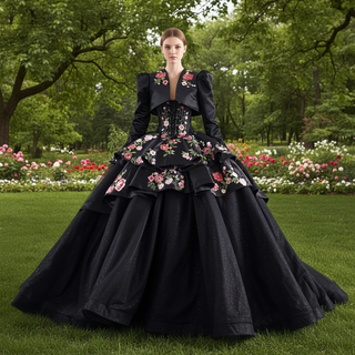 Modular Black Quinceañera Dress 3-in-1 Convertible with Embroidered Floral Details