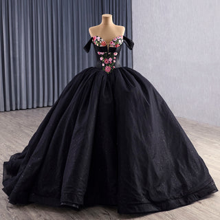 Modular Black Quinceañera Dress 3-in-1 Convertible with Embroidered Floral Details