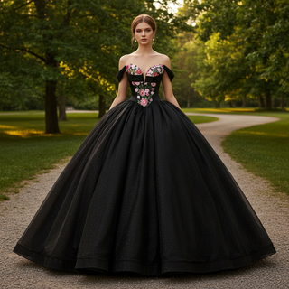 Modular Black Quinceañera Dress 3-in-1 Convertible with Embroidered Floral Details
