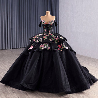 Modular Black Quinceañera Dress 3-in-1 Convertible with Embroidered Floral Details
