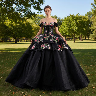 Modular Black Quinceañera Dress 3-in-1 Convertible with Embroidered Floral Details