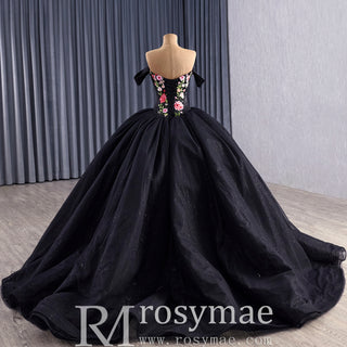 Modular Black Quinceañera Dress 3-in-1 Convertible with Embroidered Floral Details