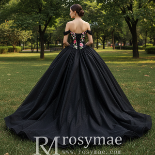 Modular Black Quinceañera Dress 3-in-1 Convertible with Embroidered Floral Details