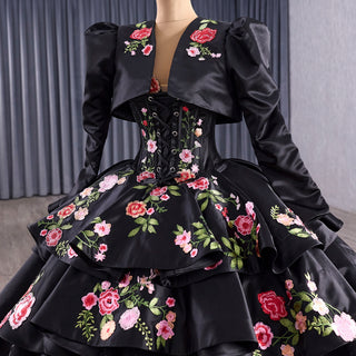 Modular Black Quinceañera Dress 3-in-1 Convertible with Embroidered Floral Details