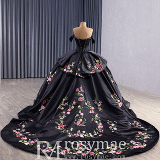 Modular Black Quinceañera Dress 3-in-1 Convertible with Embroidered Floral Details