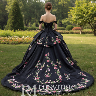 Modular Black Quinceañera Dress 3-in-1 Convertible with Embroidered Floral Details
