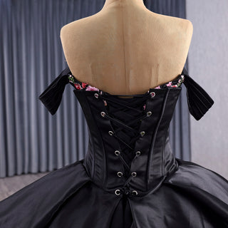 Modular Black Quinceañera Dress 3-in-1 Convertible with Embroidered Floral Details