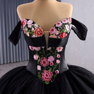 Modular Black Quinceañera Dress 3-in-1 Convertible with Embroidered Floral Details