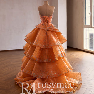 Crystal-Embellished Orange Ball Gown Formal Dress with Defined Tiered Ruffles
