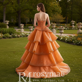 Crystal-Embellished Orange Ball Gown Formal Dress with Defined Tiered Ruffles