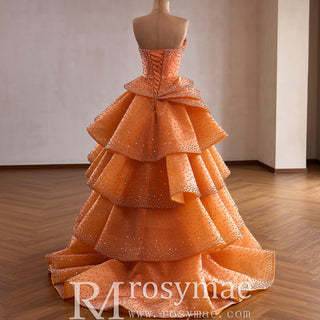 Crystal-Embellished Orange Ball Gown Formal Dress with Defined Tiered Ruffles
