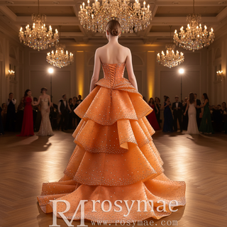 Crystal-Embellished Orange Ball Gown Formal Dress with Defined Tiered Ruffles