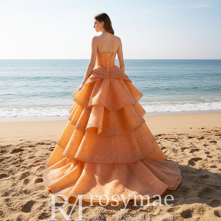 Crystal-Embellished Orange Ball Gown Formal Dress with Defined Tiered Ruffles