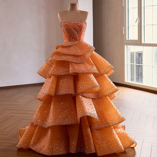 Crystal-Embellished Orange Ball Gown Formal Dress with Defined Tiered Ruffles