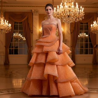 Crystal-Embellished Orange Ball Gown Formal Dress with Defined Tiered Ruffles
