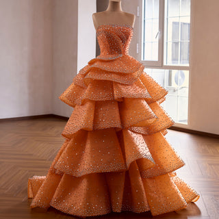 Crystal-Embellished Orange Ball Gown Formal Dress with Defined Tiered Ruffles
