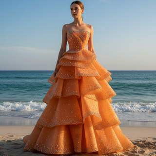 Crystal-Embellished Orange Ball Gown Formal Dress with Defined Tiered Ruffles