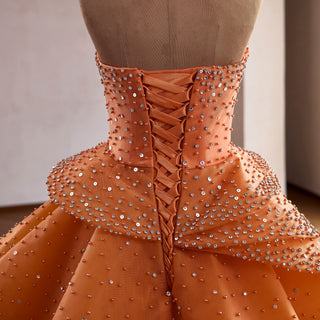 Crystal-Embellished Orange Ball Gown Formal Dress with Defined Tiered Ruffles