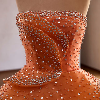 Crystal-Embellished Orange Ball Gown Formal Dress with Defined Tiered Ruffles