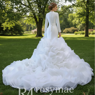 Elegant White Mermaid Ruffle Wedding Dress with Long Sleeves