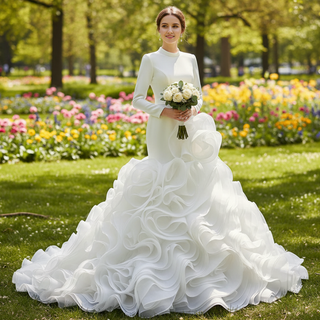 Elegant White Mermaid Ruffle Wedding Dress with Long Sleeves