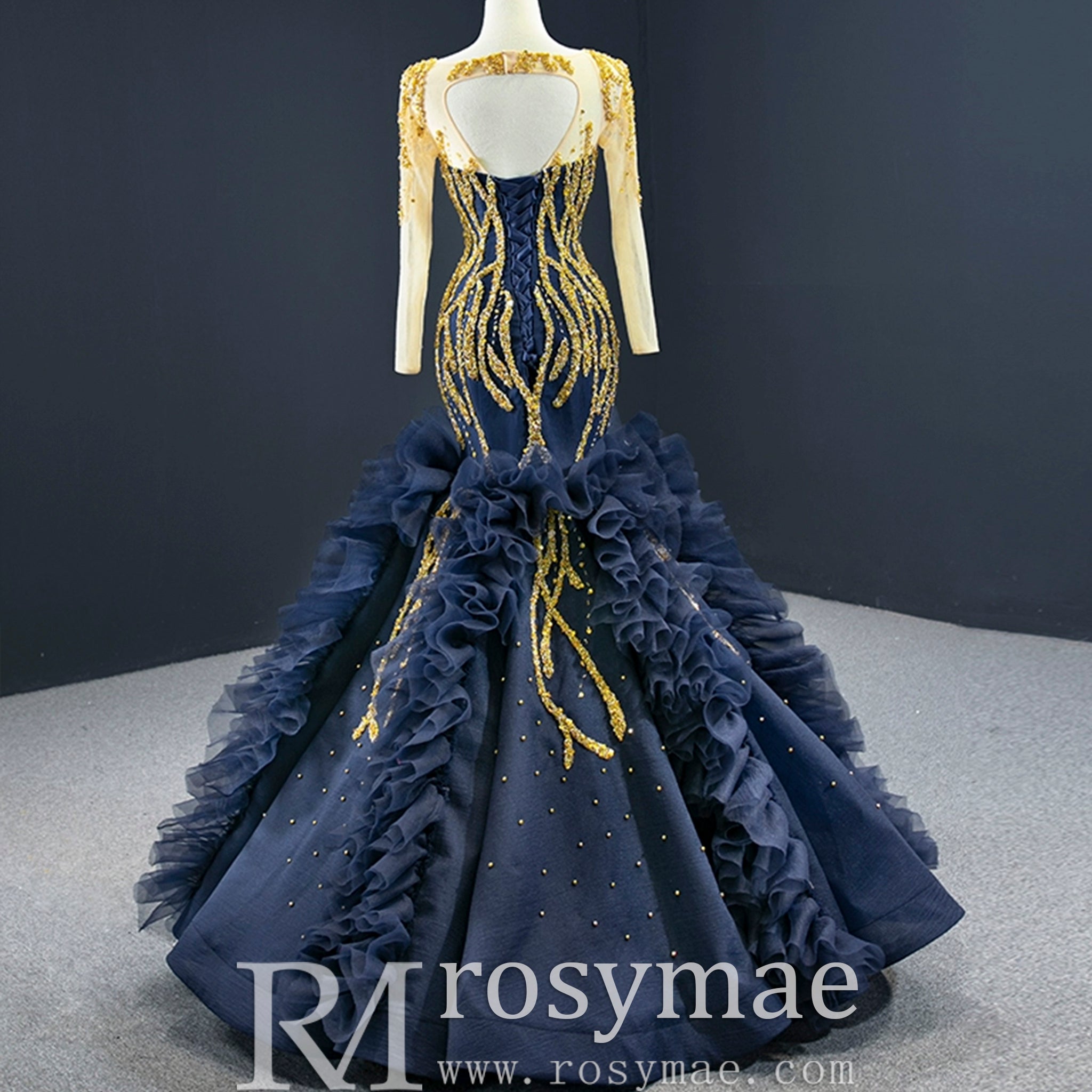 Scoop Neck Pageant Gown Navy Blue Mermaid Prom Dress with Long Sleeves Custom Colors / 14 Scoop Neck Pageant Gown Navy Blue Mermaid Prom Dress with Long Sleeves Custom Colors / 14