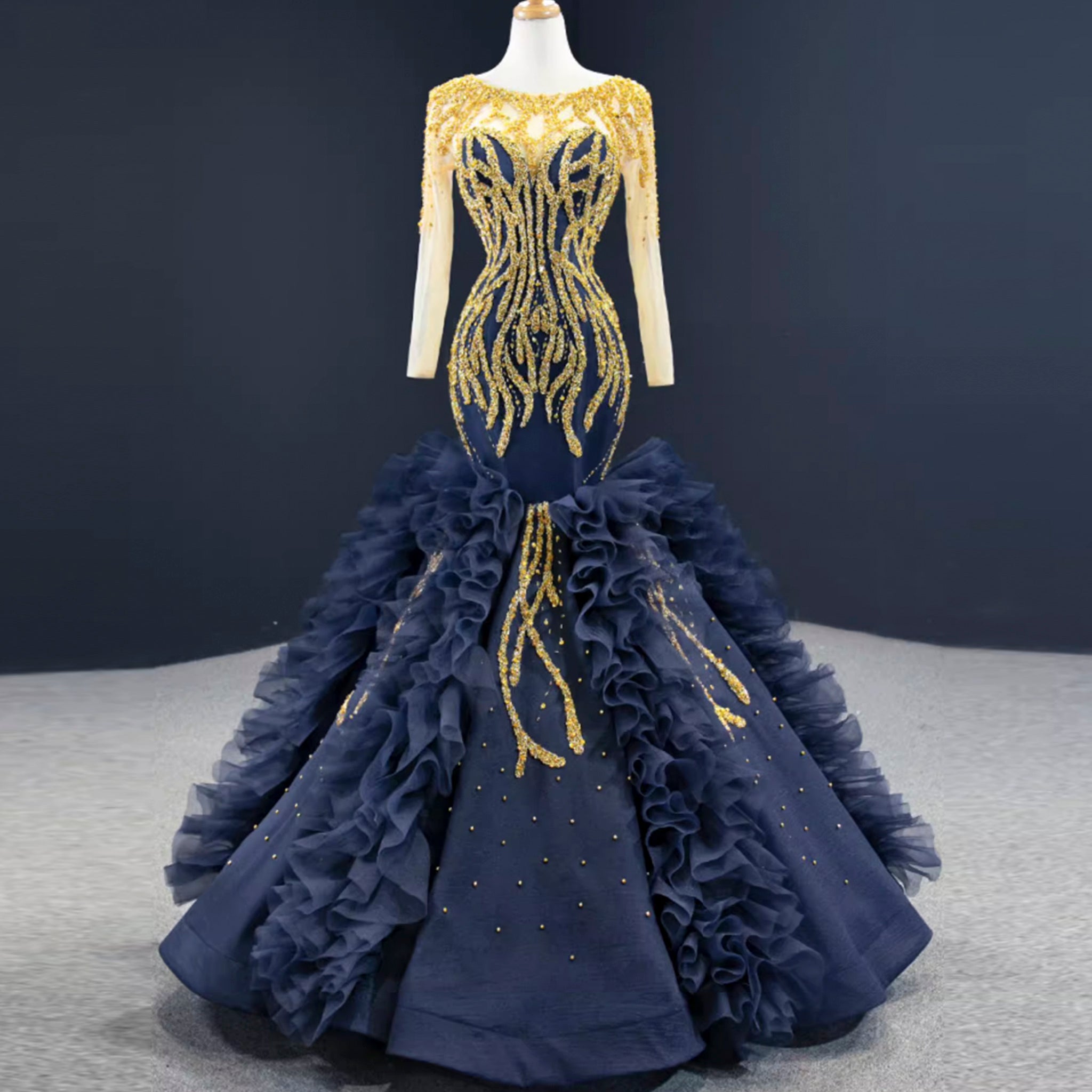 Scoop Neck Pageant Gown Navy Blue Mermaid Prom Dress with Long Sleeves Custom Colors / 14 Scoop Neck Pageant Gown Navy Blue Mermaid Prom Dress with Long Sleeves Custom Colors / 14