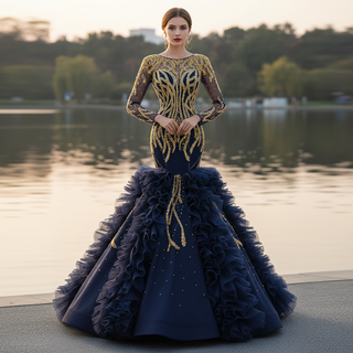 Scoop Neck Pageant Gown Navy Blue Mermaid Prom Dress with Long Sleeves