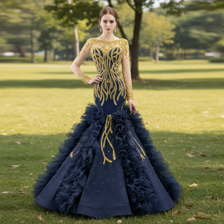 Scoop Neck Pageant Gown Navy Blue Mermaid Prom Dress with Long Sleeves Rosymae Scoop Neck Pageant Gown Navy Blue Mermaid Prom Dress with Long Sleeves Rosymae