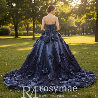 Navy Blue Ombre Handmade 3D Floral Quinceanera Dress with Beaded Bodice