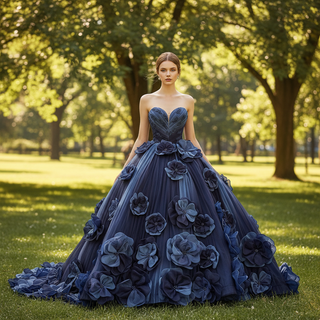 Navy Blue Ombre Handmade 3D Floral Quinceanera Dress with Beaded Bodice