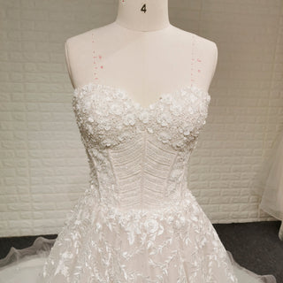 A-line Off the Shoulder Lace Applique Wedding Dress with Pearls
