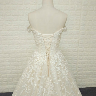 A-line Off the Shoulder Lace Applique Wedding Dress with Pearls