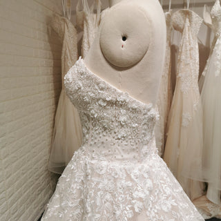 A-line Off the Shoulder Lace Applique Wedding Dress with Pearls